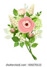 Vector bouquet of pink ranunculus, white grape hyacinth flowers and green leaves isolated on a white background.