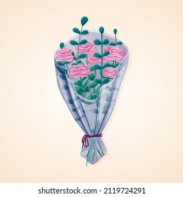 Vector bouquet of pink roses and eucalyptus leaves in a wrapper.