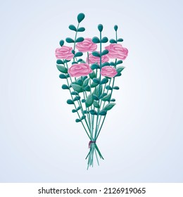 Ramo vectorial de rosas rosadas y hojas de eucalipto.