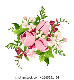 Vector bouquet of pink tulip and freesia flowers isolated on a white background.