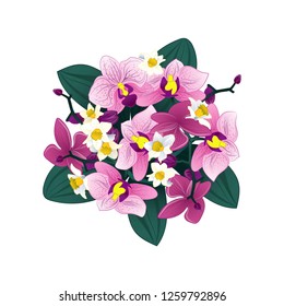 Vector bouquet of pink, violet orchids and white daffodils isolated on a white background