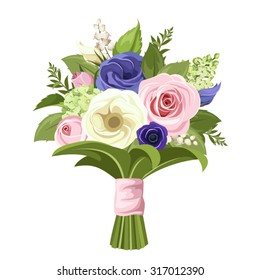 Vector bouquet of pink, white and blue roses, lisianthuses, lily of the valley and lilac flowers and green leaves.