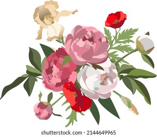 Vector bouquet of pink, white peonies, yellow iris flowers and red poppies isolated on a white background.