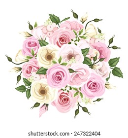 Vector bouquet of pink and white roses and lisianthus flowers and green leaves.