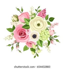 Ramo vectorial de rosas rosas rosas y blancas, lisiánticos, anémonas, ranunculus, hidrangea y lirio de las flores del valle aisladas en un fondo blanco.