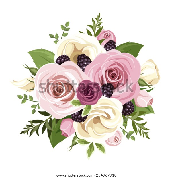 白い背景にピンクと白のバラとリシアンサスの花 黒いベリーと緑の葉のベクター画像ブーケ のベクター画像素材 ロイヤリティフリー