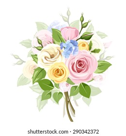 Vektor Bouquet von rosafarbenen, gelben, blauen und weißen Rosen, Lisianthus und Hortensienblumen und grünen Blättern.