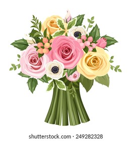 Vector bouquet of pink, yellow and white roses and anemone flowers and green leaves.