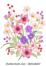 Vector bouquet of pink, yellow and white flowers and green leaves with berries.
