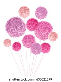 Vector Bouquet Of Pom Poms Baby Girl Pink Decorative Element. Great for nursery room, handmade cards, invitations, baby girl designs.