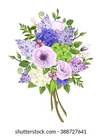 Vector bouquet of purple, blue, white and green lisianthus, lilac and hydrangea flowers and green leaves isolated on a white background.