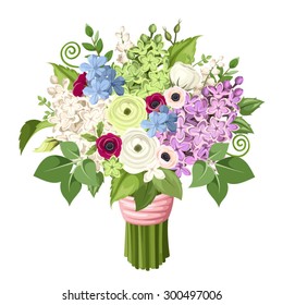 Vector bouquet of purple, white, blue and green lilac flowers, anemones, ranunculus flowers and leaves.