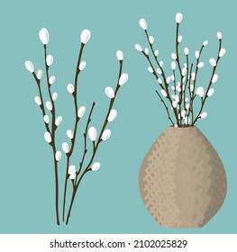 Vector bouquet of pussy willow in vase