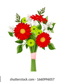 Vector bouquet of red, green and white flowers isolated on a white background.