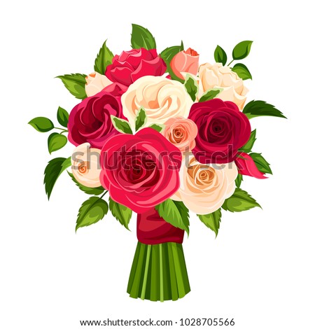 Vector bouquet of red, orange and white roses isolated on a white background.