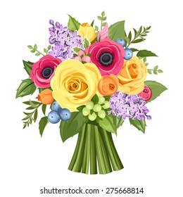 Vector bouquet of red, orange, yellow and purple roses, anemones and lilac flowers, berries and green leaves isolated on a white background.