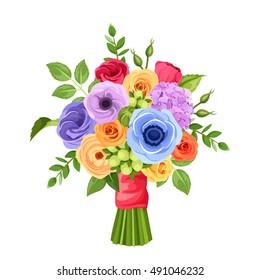 Vector Bouquet Of Red, Orange, Yellow, Blue And Purple Flowers Isolated On A White Background.