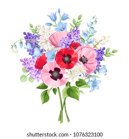 Vector bouquet of red, pink, blue and purple poppies, lilac flowers and bluebells isolated on a white background.