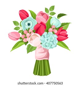 Vector bouquet of red, pink and blue tulips, ranunculus and hydrangea flowers isolated on a white background.