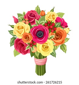 Vector bouquet of red, pink, orange and yellow roses, lisianthus and anemone flowers and green leaves isolated on a white background.