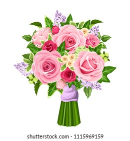 Vector bouquet of red and pink roses, lilac flowers and ivy leaves isolated on a white background.