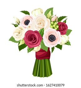 Vector bouquet of red, pink and white roses, lisianthuses and anemone flowers.