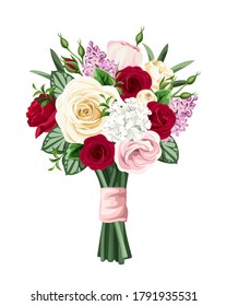 Vector bouquet of red, pink and white roses, lisianthuses and lilac flowers isolated on a white background.