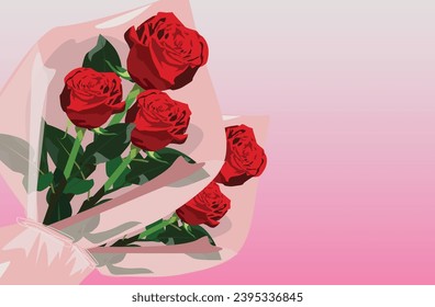 vector of bouquet red rose with beautiful leaves celebrating Valentine's Day love pink white background sstkLOVE