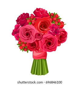 Vector bouquet of red roses and lisianthus flowers isolated on a white background.