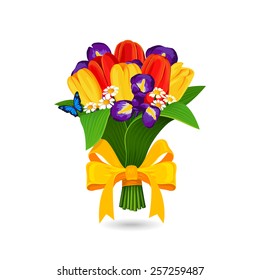 Vector bouquet of red, yellow tulip and blue irises