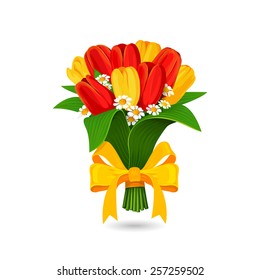 Vector bouquet of red, yellow tulip with a yellow bow