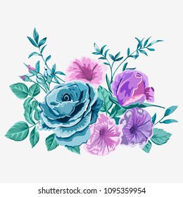 Vector bouquet of rose flower, design element isolated on white background.Pink and blue roses with leaves.Greeting floral card.