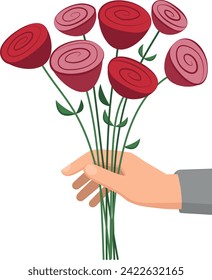 Vector bouquet of roses is held by a man's hand in a flat style.