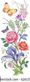 Vector bouquet of roses , irises and bell flowers with butterflies