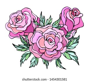Vector bouquet with roses and leaves. Design greeting card and invitation of the birthday, wedding, Valentine's Day, mother's day and other holiday. 