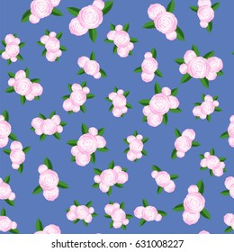 Vector Bouquet of Roses Randon Seamless Pattern on Blue Background