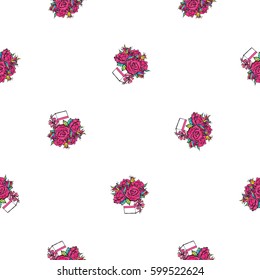 Vector bouquet of roses seamless pattern. Fashion illustration, patches, stickers. Hand sketched background greeting style.