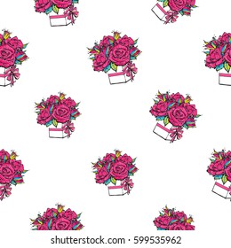 Vector bouquet of roses seamless pattern. Fashion illustration, patches, stickers. Hand sketched background greeting style.