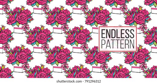 Vector bouquet of roses seamless pattern. Fashion illustration, patches, stickers. Hand drawn background greeting style.