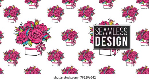 Vector bouquet of roses seamless pattern. Fashion illustration, patches, stickers. Hand drawn background greeting style.