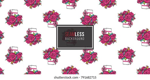 Vector bouquet of roses seamless pattern. Fashion illustration, patches, stickers. Hand drawn background greeting style.