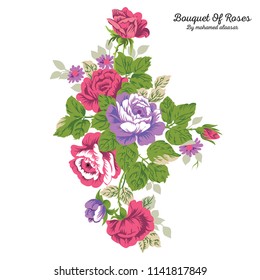 Vector Bouquet of Roses, Set elements of rose, collection garden and wild flowers, leaves, branches, Floral illustration isolated on white background, hibiscus, gladiola, bud, petals flower rose