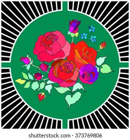 Vector bouquet of roses in the style of pop art greeting card.