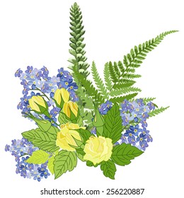 Vector bouquet of roses and wildflowers. Sample to design postcards, background.
