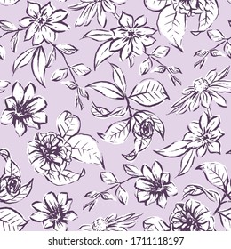 Vector bouquet seamless pattern in vintage style. Hand drawn romantic background in purple color. Great for wallpaper, fabric and wedding invitations.