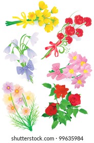 vector bouquet set with roses tulips, snowdrops, cosmos and other isolated on white