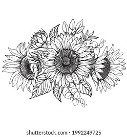 Vector bouquet of sunflowers with twigs and leaves.