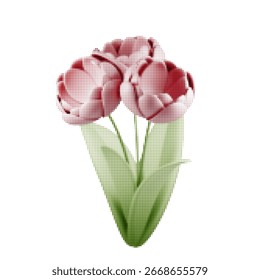 Vector bouquet of three pink tulips with green leaves and halftone texture. Elegant floral design representing spring beauty, romance, and nature. Isolated on white background.