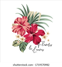 vector bouquet with tropical flowers. Hawaiian style floral arrangement, with beautiful hibiscus, palm, bird of paradise. Amazing vector illustrations, vintage style. Editable graphic elements.