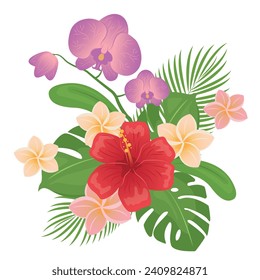 vector bouquet with tropical flowers. Hawaiian style floral arrangement, with beautiful hibiscus, palm, plumeria, monstera, orchid. Vector illustration, vintage style. Editable graphic elements